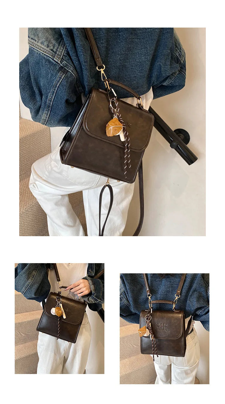 Casual Retro Large Capacity Women's Backpack Fashionable Versatile Stylish Satchel Crossbody Bag New Black City Simple Style PU