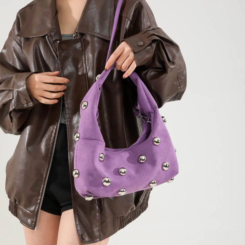 Luxury Purple Handbag For Women Luxury Studded Beading Handbags Wine Red Purse Solid Color Suede Leather Shoulder Crossbody Bags