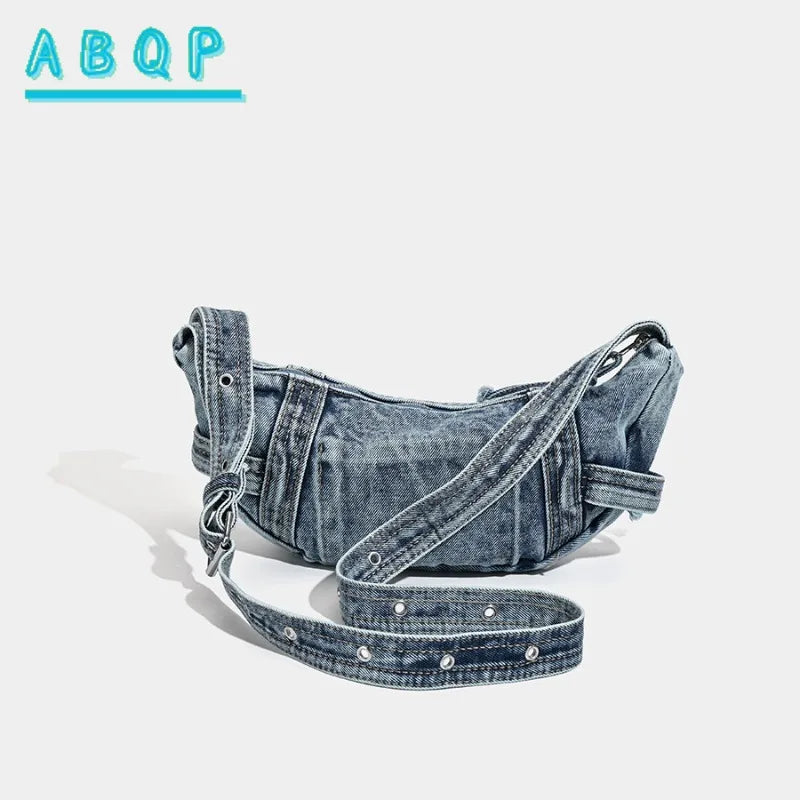 Shoulder Bag for Women New Washed Denim Bags Retro Crescent Bag Diagonal Span Underarm Tote Handbag Mini Portable