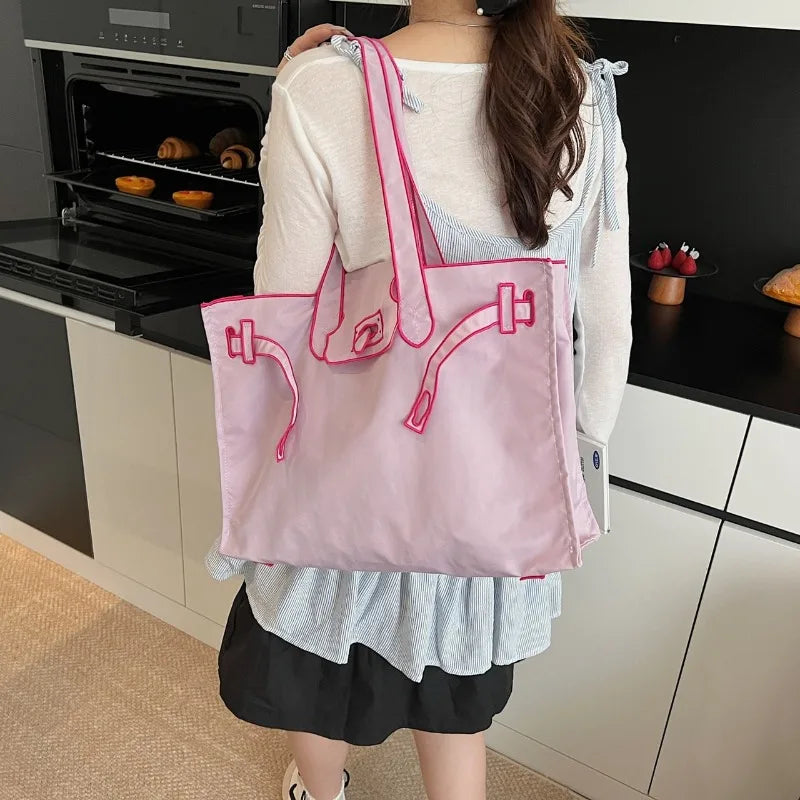 Funny Design Large Capacity Tote Bags 2025 New Casual Lightweight Nylon Shoulder Bag Versatile Canvas Bag Women Shopping Handbag