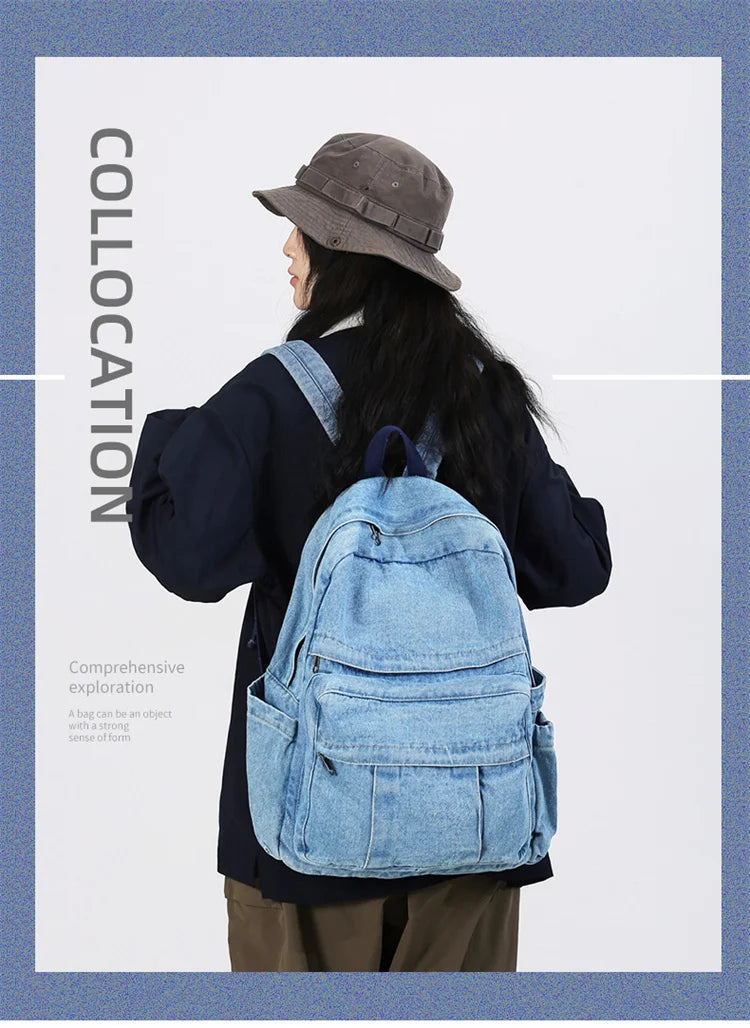 Blue Denim Backpacks For Women 100% Cotton Leisure Or Travel Bags Unisex Large Capacity Canvas Satchels Cloth Korea School Bags
