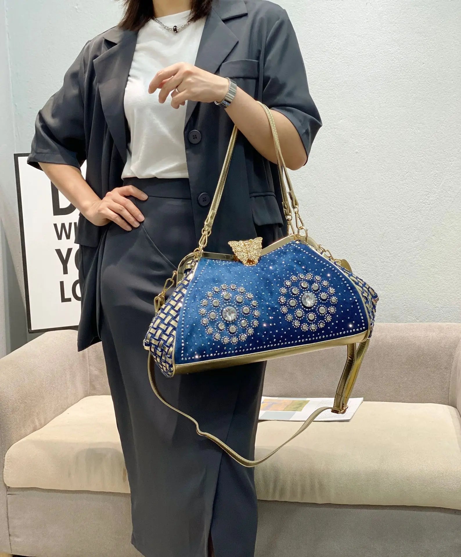 Denim Rhinestones Women Handbag Clutch Bag For Evening Party Chic Butterfly Decoration Ladies Denim Fireworks Shoulder Bag