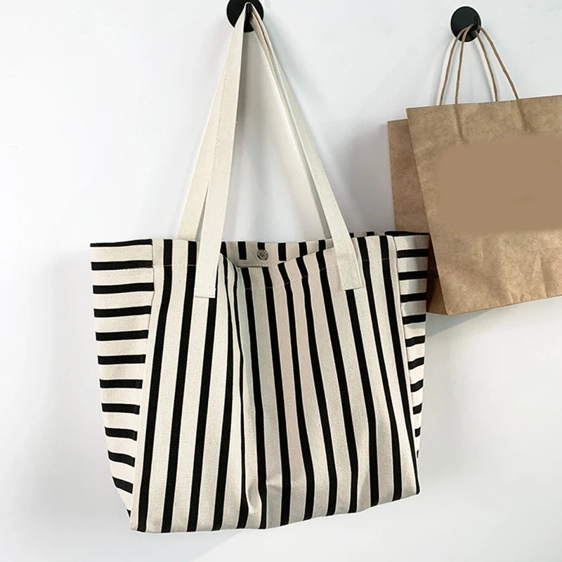 New Beach Tote Bag Fashion Women Canvas Summer Large Capacity Striped Shoulder Bag Tote Handbag Shopping Shoulder Bags ﻿