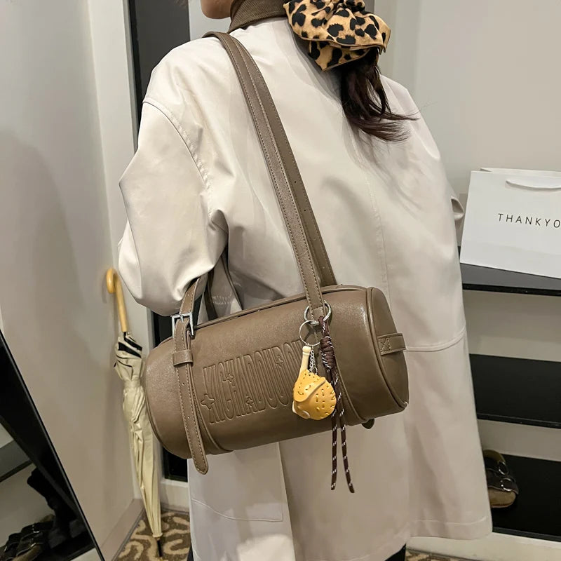 Multifunctional Cylinder Shaped Shoulder Bags For Women 2024 Winter Latest Designer Handbags Luxury Cross Body Bag With Pendant