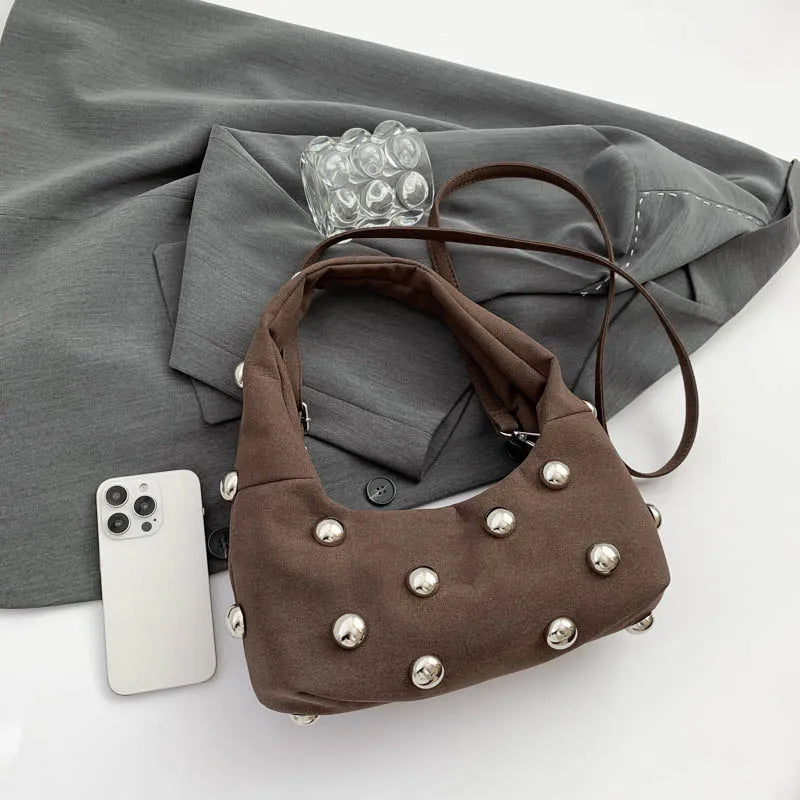 Luxury Purple Handbag For Women Luxury Studded Beading Handbags Wine Red Purse Solid Color Suede Leather Shoulder Crossbody Bags