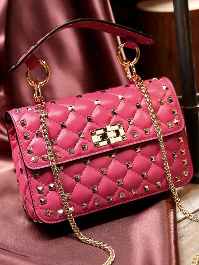 Handbags for Women Sheepskin Leather Rivet Chain Bag Designer Shoulder Bags Luxury Woman Messenger-package Rose Red
