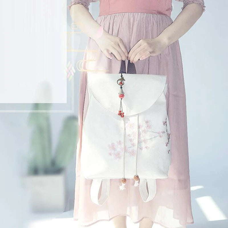 Women's Canvas Embroidered Flower Tassel Backpack Chinese Style Hanfu Casual Pendant Multi Pocket Large Capacity Girls Handbag