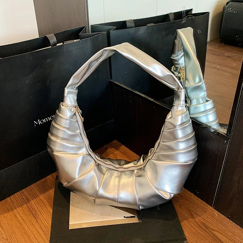 Silver Handbags Women Dumpling Shoulder Bag Fashion Luxury Ladies Hobos Bags High Capacity Female Tote Bag Black