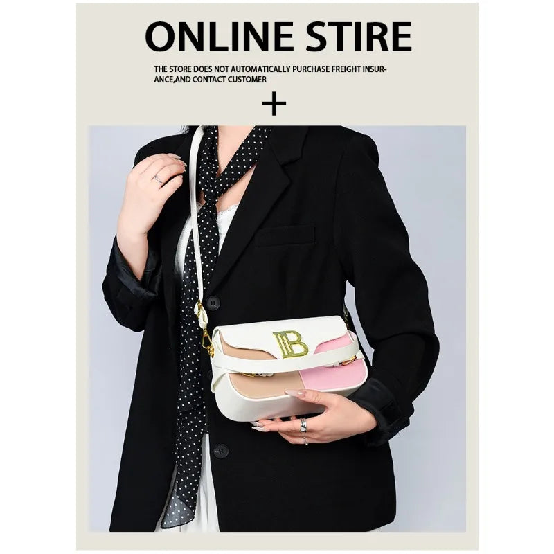 Luxury women's crossbody bag with color-blocking and stitching, box-style multi-color textured light luxury commuter bag.