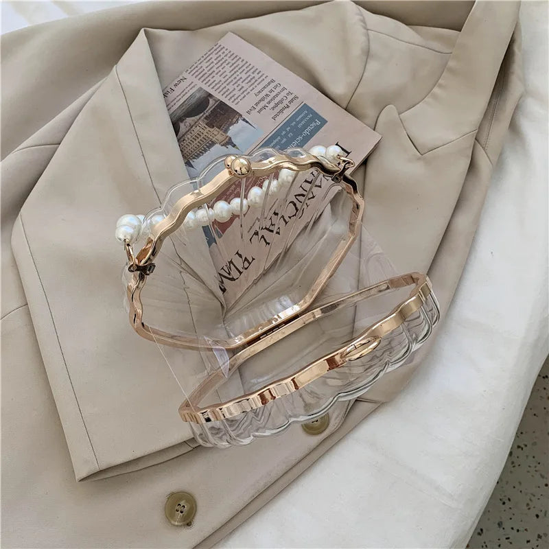 Evening Bags for Women 2023 New Transparent Shell Bag Clutch Box Handbags Pearl Chain Crossbody Bag Acrylic Purse Shoulder Bag