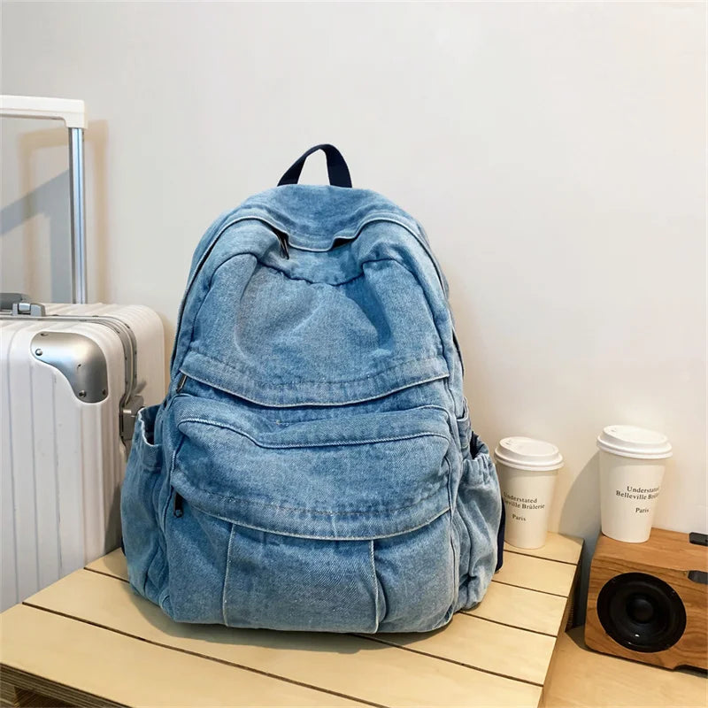 Blue Denim Backpacks For Women 100% Cotton Leisure Or Travel Bags Unisex Large Capacity Canvas Satchels Cloth Korea School Bags