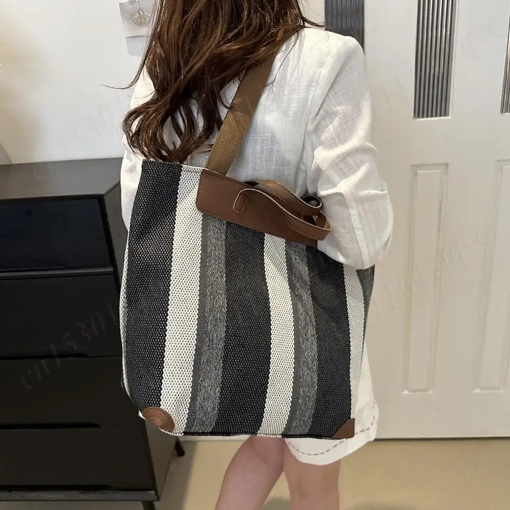 Striped Hobo Shoulder Bags Women Zipper Bucket Bags Canvas Tote Bag Simple Handbag Daily Commuting Bag Travel Top-Handle Bags