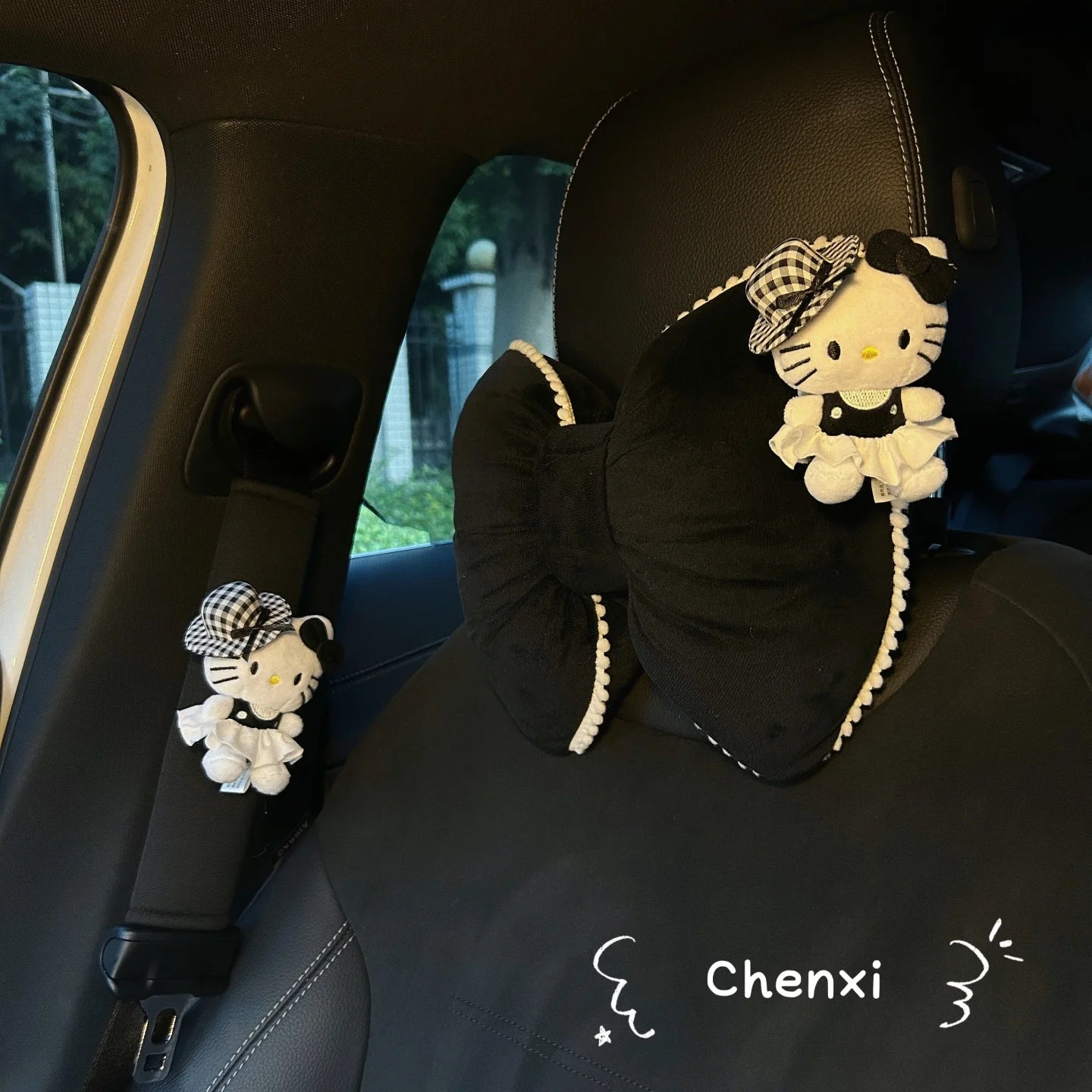Black Hello Kitty Car Headrest Neck Protection Pillow Seat Belt Cover Universal Interior Waist Pillow Car Cushion