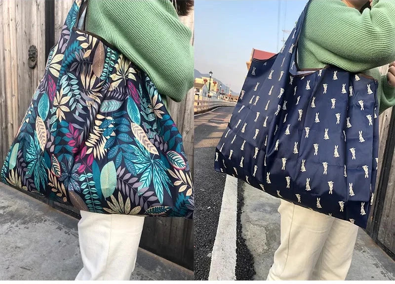 Fashion Pocket Tote Women Bag Eco-Friendly Folding Shopping Bag Reusable Portable Shoulder Handbag for Travel Supermarket