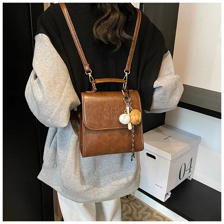 Casual Retro Large Capacity Women's Backpack Fashionable Versatile Stylish Satchel Crossbody Bag New Black City Simple Style PU