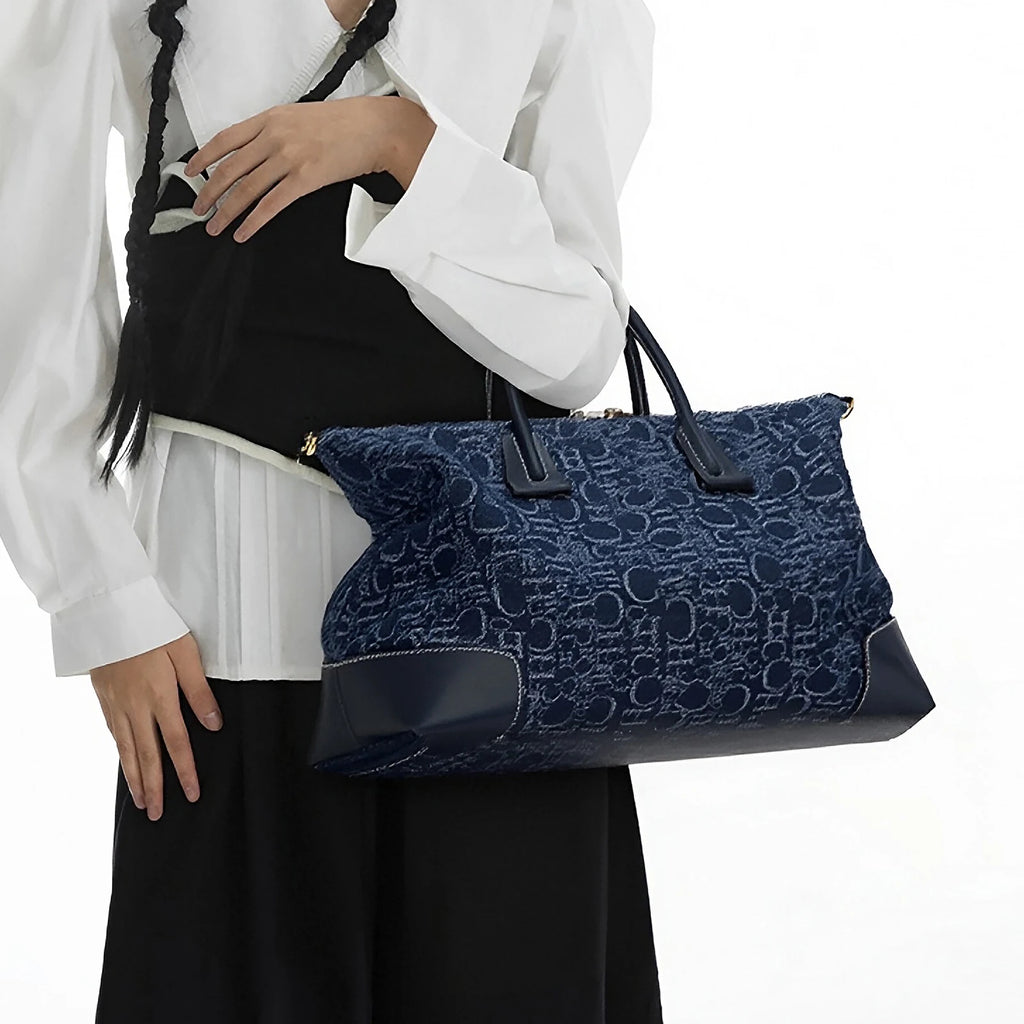 Geometric Letter Pattern Travel Totes – Sophisticated Blue Fabric  Leather Accents Metallic  for Urban Mobility Chic Versatility
