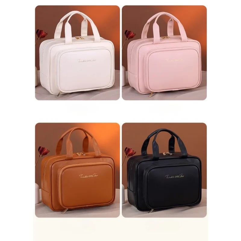 Large Capacity Makeup Bag for Women – Portable Cosmetic Organizer with Brush Holder & Carry Handle, Travel-Friendly Makeup Case