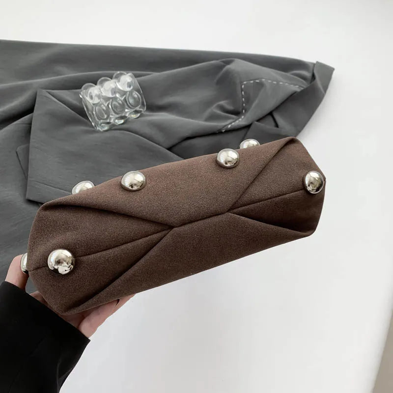 Luxury Purple Handbag For Women Luxury Studded Beading Handbags Wine Red Purse Solid Color Suede Leather Shoulder Crossbody Bags