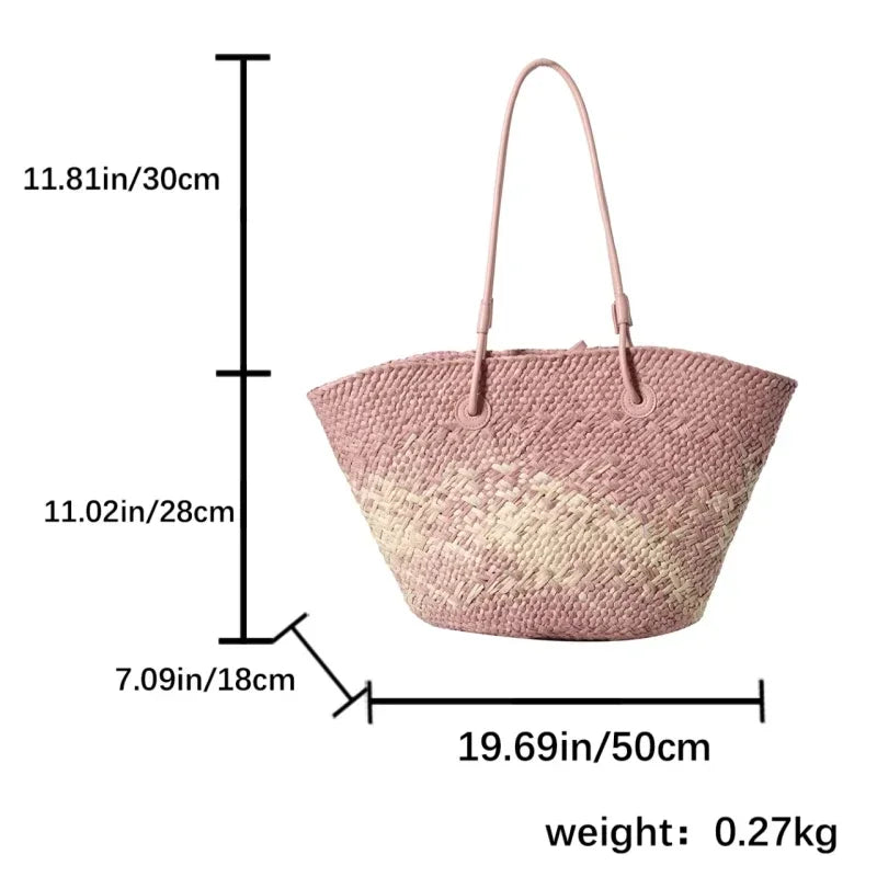 Summer Seaside Beach Bag Hand-woven Large Capacity Straw Tote Bag Gradient Color Design Women 's Travel  Vacation Shoulder Bag
