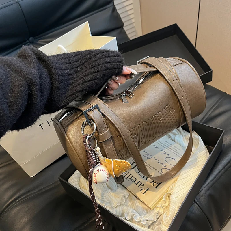 Multifunctional Cylinder Shaped Shoulder Bags For Women 2024 Winter Latest Designer Handbags Luxury Cross Body Bag With Pendant