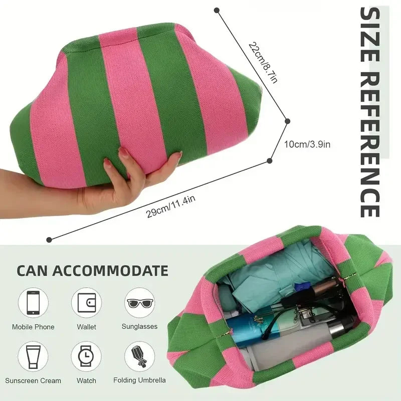 Knitted Striped Handbag Summer Beach Clutch Bags for Women Crochet Handbags Purses Knitting Dumpling Ruched Cosmetics Storage