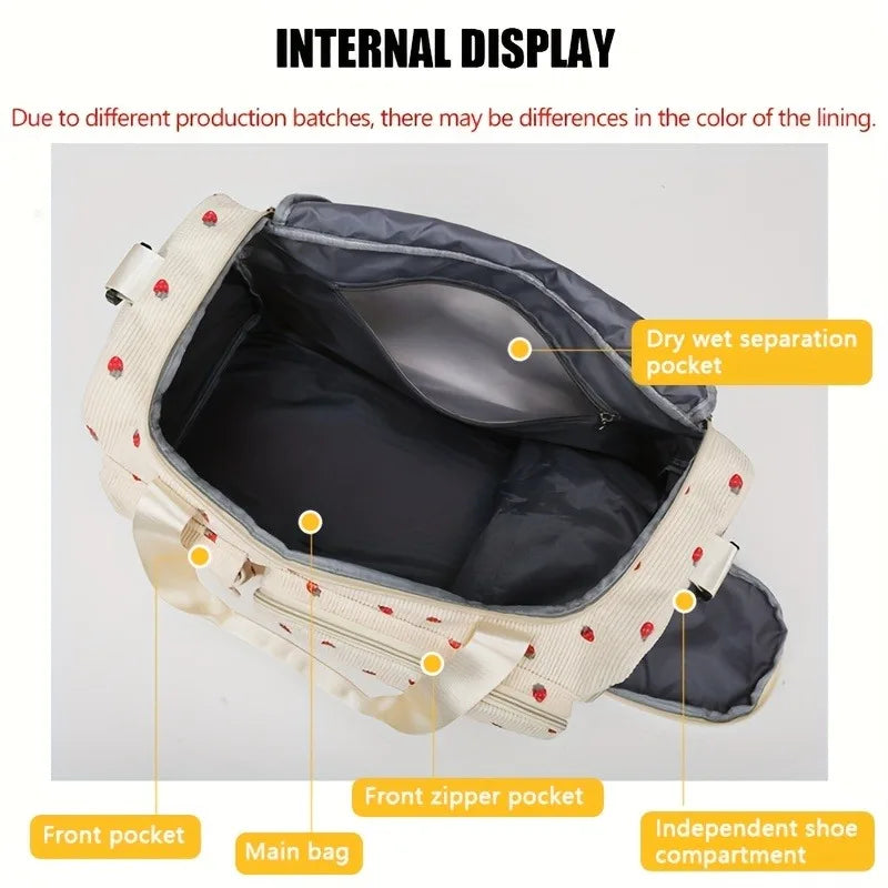 Large Capacity Strawberry Print Duffel Bag with Multiple Compartments - Ideal for Travel, Gym, and Everyday Use, Casual Style