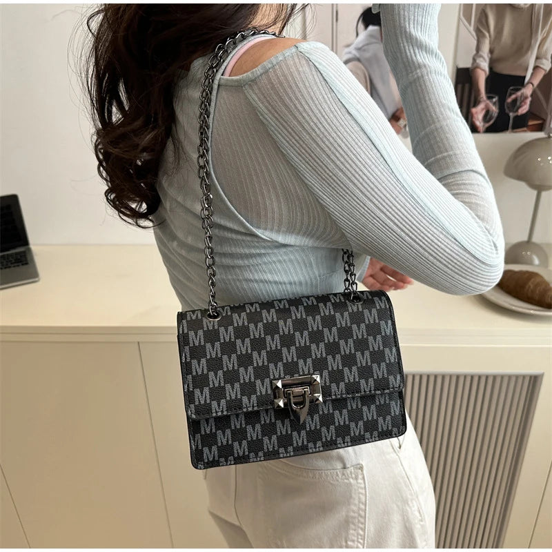 Luxury Letter Print Crossbody Shoulder Bag,Chain Buckle Compact Chic Women Sling Bag,Lady Vintage Casual Personalized Square Bag