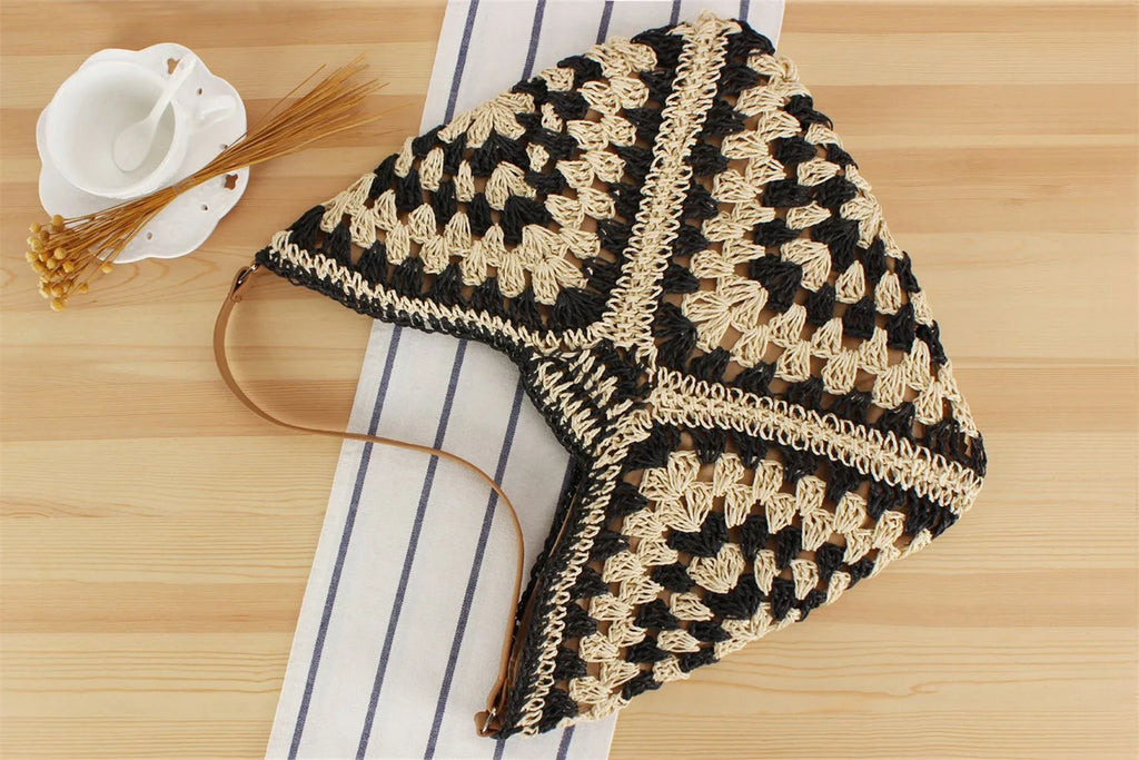 Summer Bohemian Braided Handbag Casual Tote Hollow Straw Beach Bag Woven Shoulder Bag Raffia Rattan Shopping Travel Bag