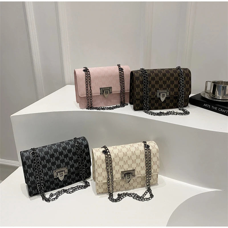 Luxury Letter Print Crossbody Shoulder Bag,Chain Buckle Compact Chic Women Sling Bag,Lady Vintage Casual Personalized Square Bag