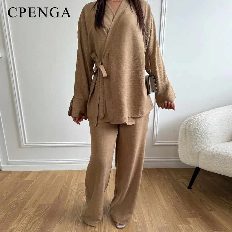 2 Piece Dubai Muslim Women Clothing Elegant Middle East Modest Top and Pants Sets 2024 Islamic Turkish Clothes Solid Outfits