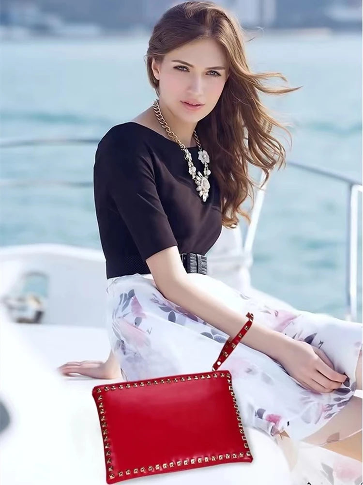 Leather Rivet Handbags for Women, Daily Clutches, Black Envelope, Evening Party Bag, High Quality, Female Shoulder Bags