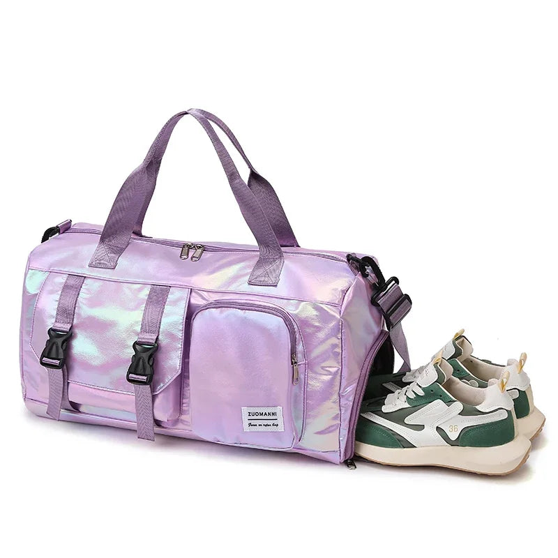 Holographic Glamour Duffel Bag - Spacious,Stylish Shoulder Tote with Shoe Compartment for Effortless Weekend Escapes -