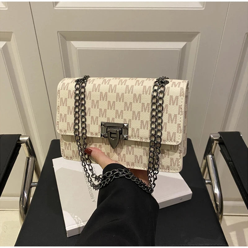 Luxury Letter Print Crossbody Shoulder Bag,Chain Buckle Compact Chic Women Sling Bag,Lady Vintage Casual Personalized Square Bag