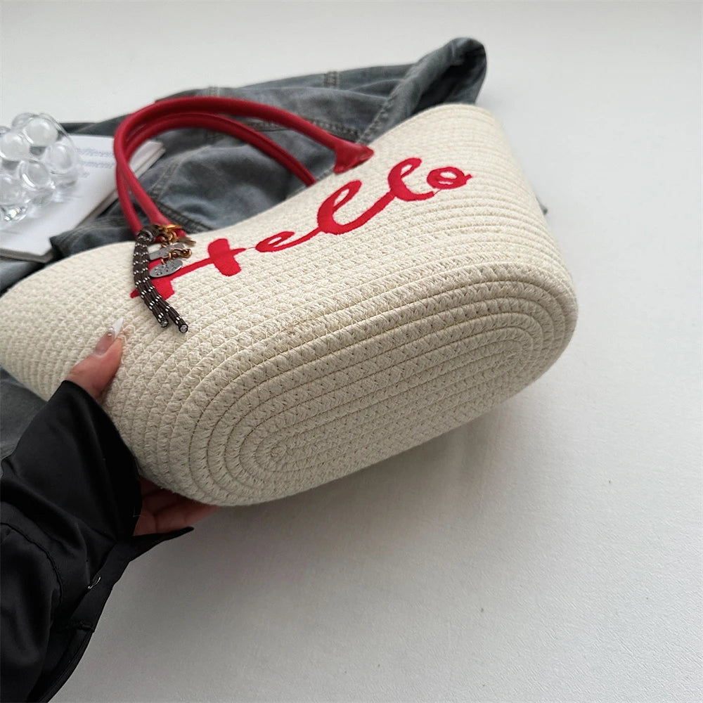 Simple Fashion Big Tote Bags For Women Cotton Fabric Woven Design Letter Embroidered  Luxury Large Capacity Shopper Shoulder Bag