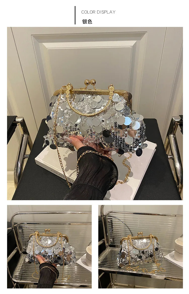 Elegant Sequined Evening Shoulder Bags for Women Solid Color Ladies Clip Chain Crossbody Bag Casual Female Shell Handbags Purse