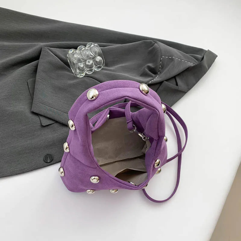 Luxury Purple Handbag For Women Luxury Studded Beading Handbags Wine Red Purse Solid Color Suede Leather Shoulder Crossbody Bags