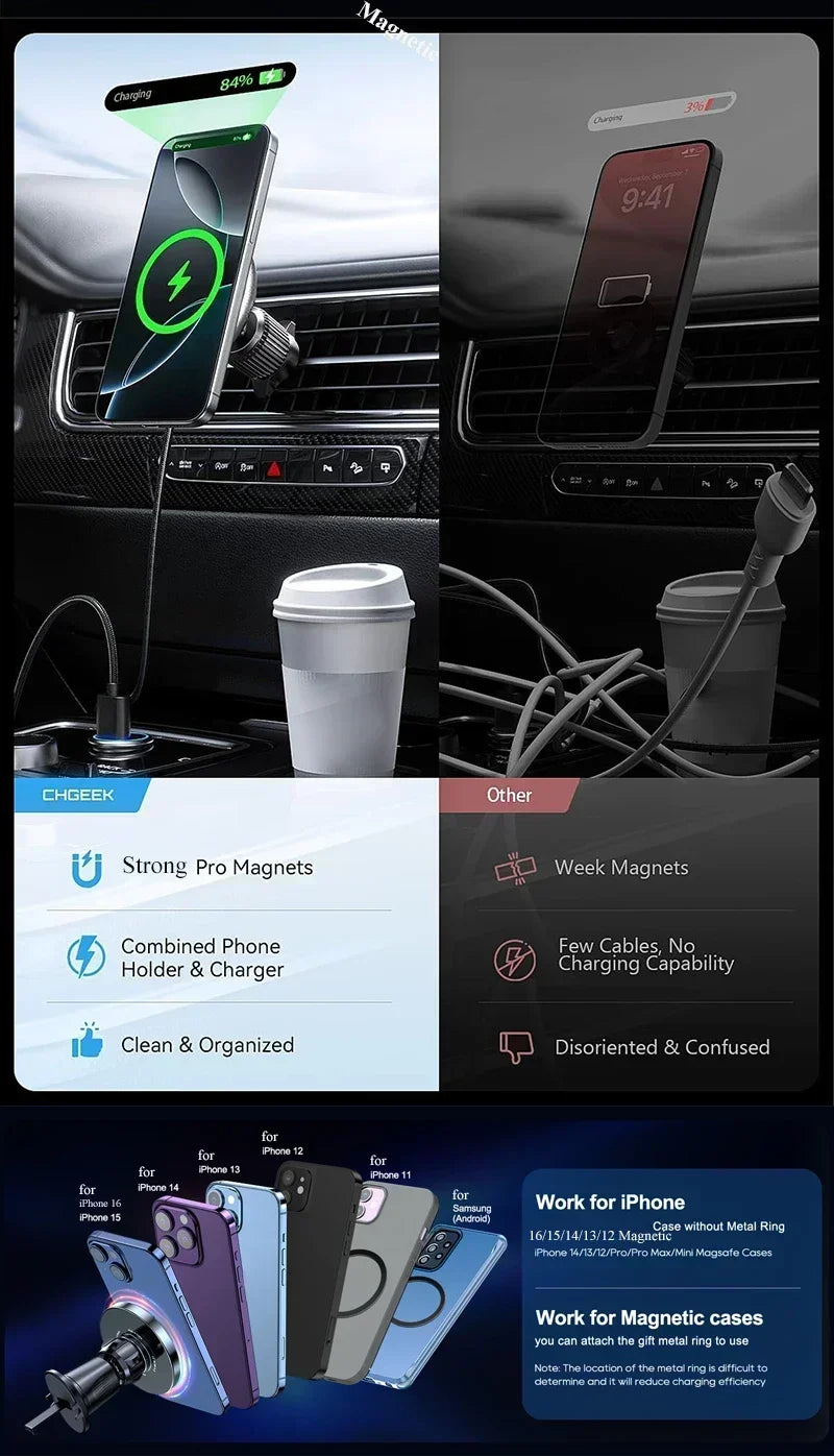 Magnetic Wireless Car Charger 15W Fast Charge Air Vent Magnet Car Mount Phone Holder for iPhone 16 15 14 13 12 Pro Max Plus