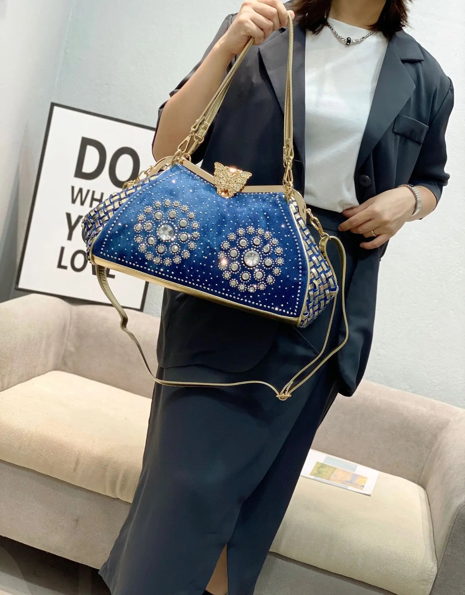 Denim Rhinestones Women Handbag Clutch Bag For Evening Party Chic Butterfly Decoration Ladies Denim Fireworks Shoulder Bag