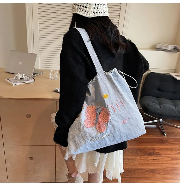 Leisure Large Capacity Single Shoulder Bag Trendy Embroidered Nylon Tote Bag School Style Sweet Handle Bag