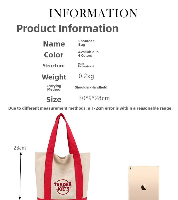 Tr Joe's Large Capaci op Bag Canvas Bag Embroidered Casual Handheld Single oulder Bag Contrast Color Trend Summer