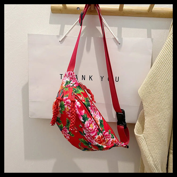 Women Fanny Bag Pack Large Flower Nylon Belt Bags Fashion Waist Pack Zipper Bag Adjustable Lightweight Multifunction Waterproof