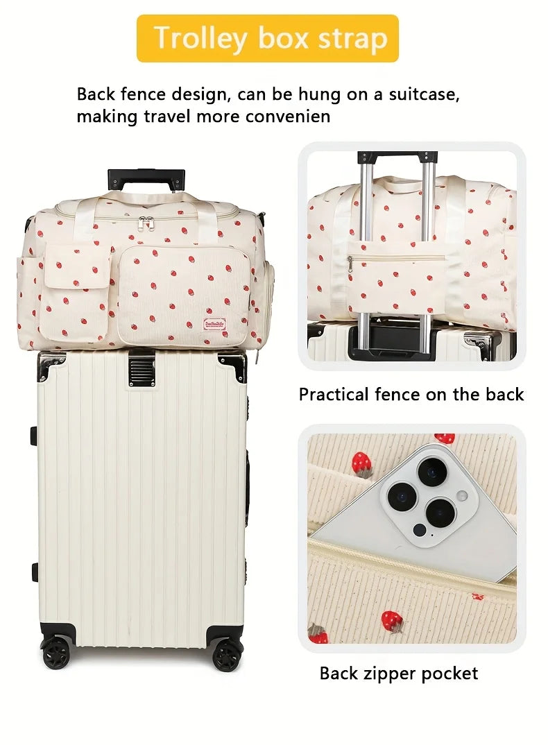 Large Capacity Strawberry Print Duffel Bag with Multiple Compartments - Ideal for Travel, Gym, and Everyday Use, Casual Style