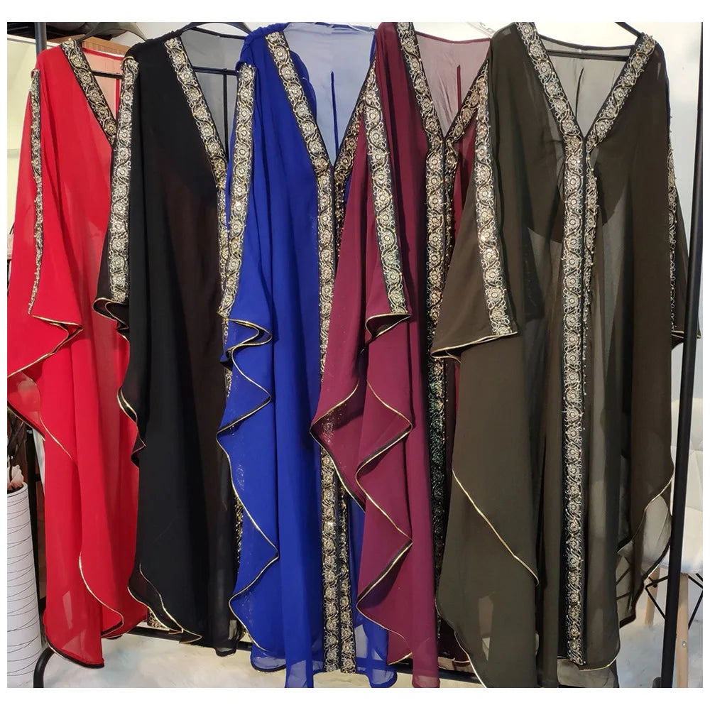 Abaya Morocco Kaftan Dubai Hooded Maxi Dress Bat Sleeve Farasha Kaftan Muslim Women African Open Kimono Boubou Evening Long Gown
