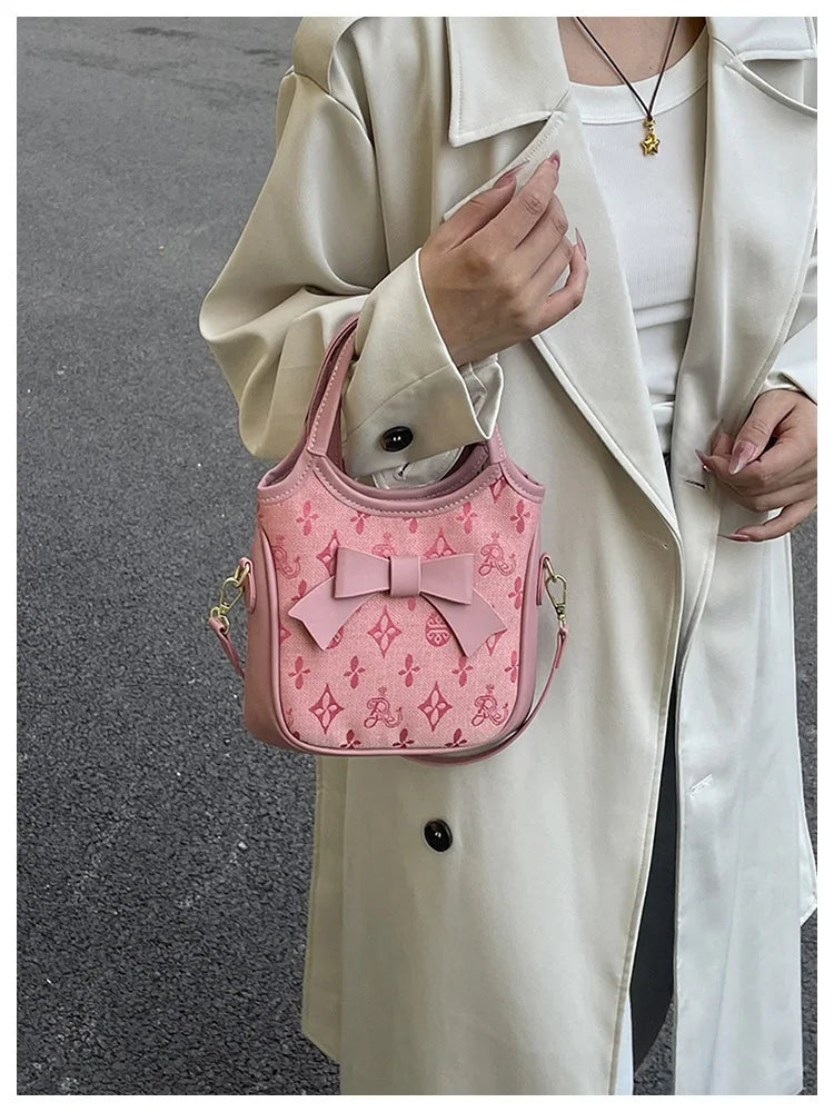 PU Hand-held Bow Bucket Bag Trendy Fashion Shoulder Bag Simple Versatile Women's Bag Commuter