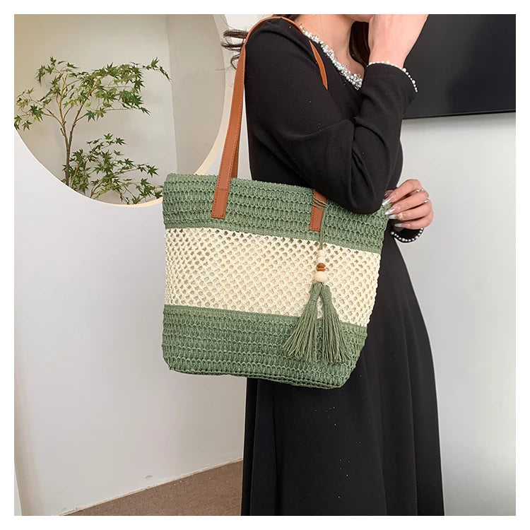 Color-blocked Linen Knitting Fashion Shoulder Bag Hollow Large Capacity Zipper Casual Tote Hot Sale Bags for Women Bolsa Mujer