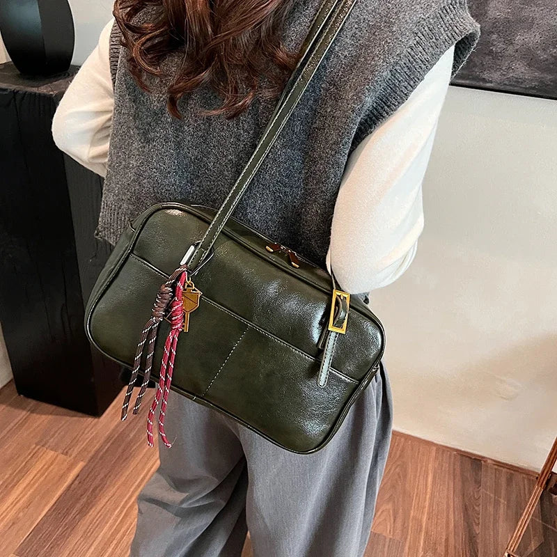 Luxury Black PU Leather Crossbody Bag for Women - Golden Buckle Strap & Red/Black Plaid Tassel, Y2K Underarm Bags Work Bag