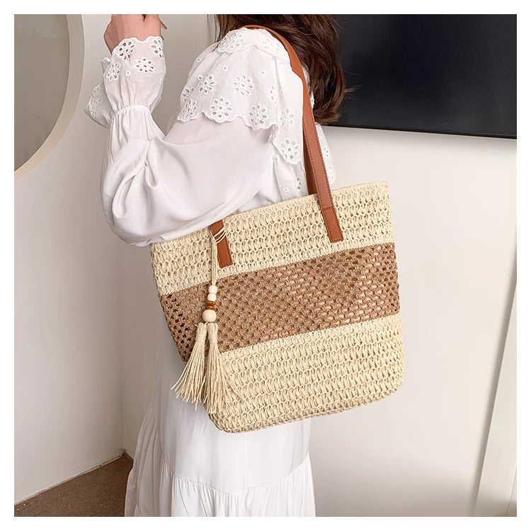 Color-blocked Linen Knitting Fashion Shoulder Bag Hollow Large Capacity Zipper Casual Tote Hot Sale Bags for Women Bolsa Mujer