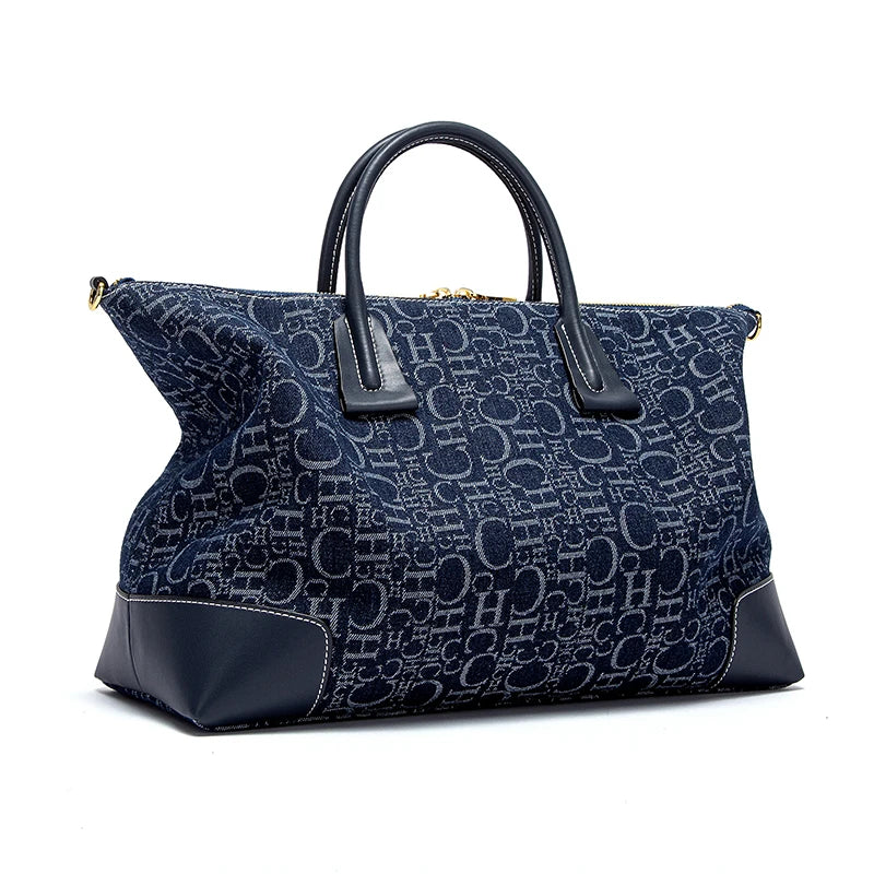 Geometric Letter Pattern Travel Totes – Sophisticated Blue Fabric  Leather Accents Metallic  for Urban Mobility Chic Versatility