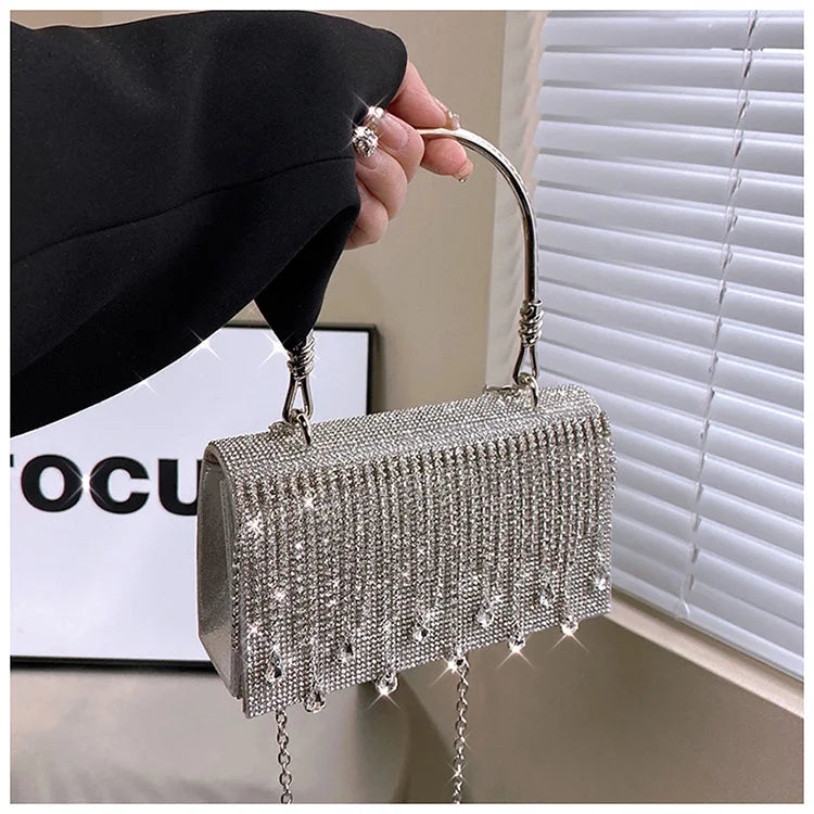 Luxury Golden Shoulder Bag 2025 New for Women, Elegant Rhinestone Clutch Purse, Versatile Crossbody Bag with Adjustable Chain