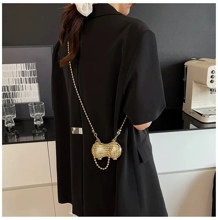 Luxury Diamond Inlay Peanut Shape Crystal Clutch Purse Stones Evening Wedding Party Shoulder Bag Handle Rhinestone Mini Handbags